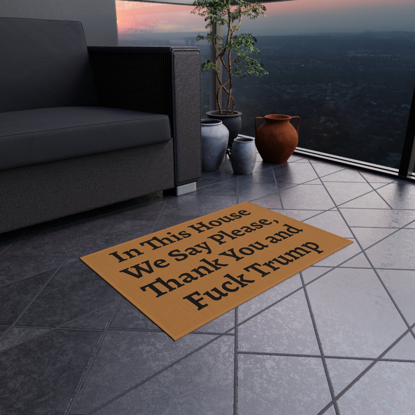 Funny Outdoor Rug with Political Humor – 'In This House We Say Please, Thank You and Fuck Trump'
