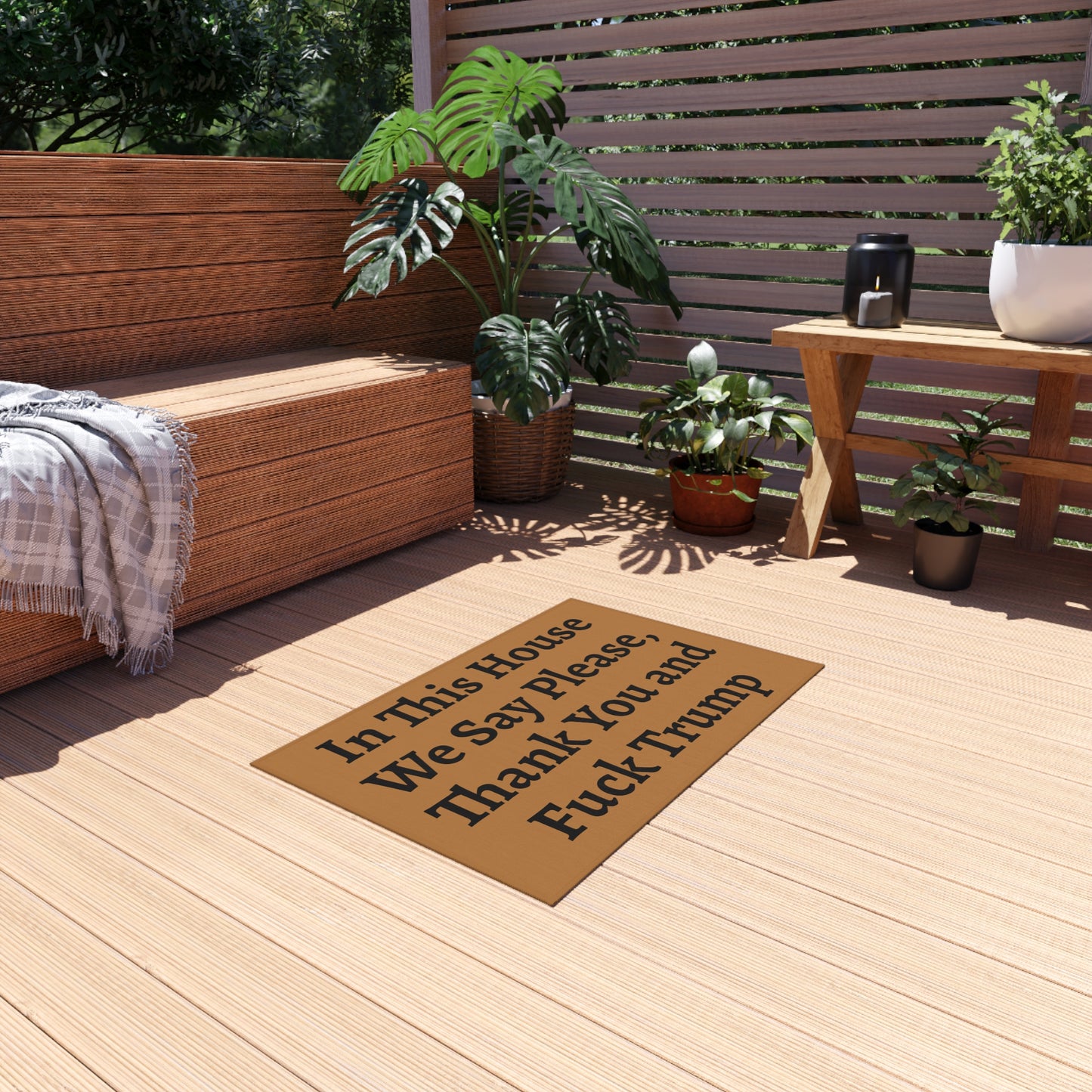 Funny Outdoor Rug with Political Humor – 'In This House We Say Please, Thank You and Fuck Trump'
